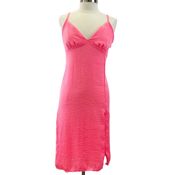 Livi by Olivia Rae Womens L Satin Slip Dress‎ Slit Neon Pink Strappy Barbiecore - Picture 2 of 12